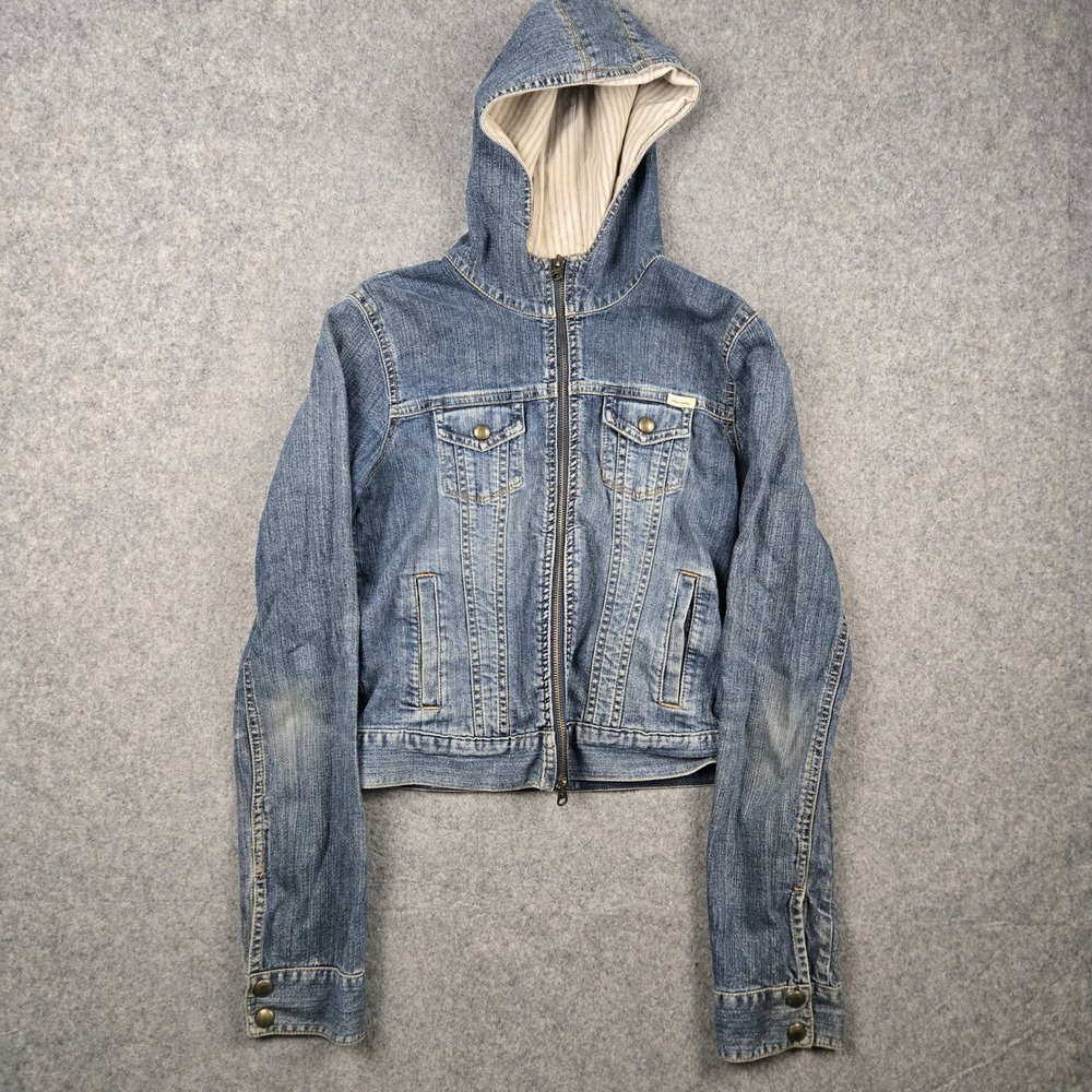 Abercrombie Denim Jacket Juniors XL Blue Hooded Zip Up‎ Y2K Grunge Babydoll